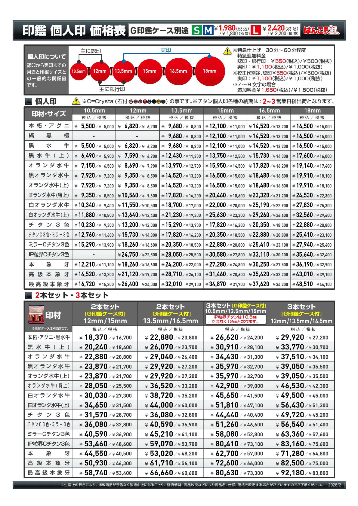 個人用印鑑・価格表(札幌厚別エリアでの印鑑・はんこ 販売店 個人用印鑑・価格表(札幌厚別エリアでの印鑑・はんこ 販売店